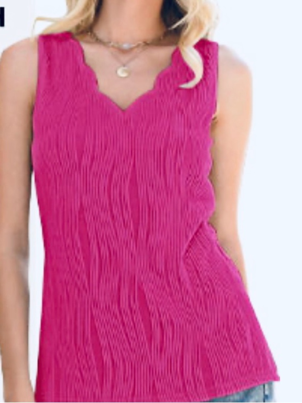 Scalloped V-Neck Sleeveless Tank Top - Bright Pink